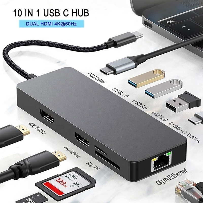 10 In 1 USB C Hub To Dual HDMI 4K 60Hz Adaptör Dock ile USB 3.0 Ethernet RJ45 1000Mbps