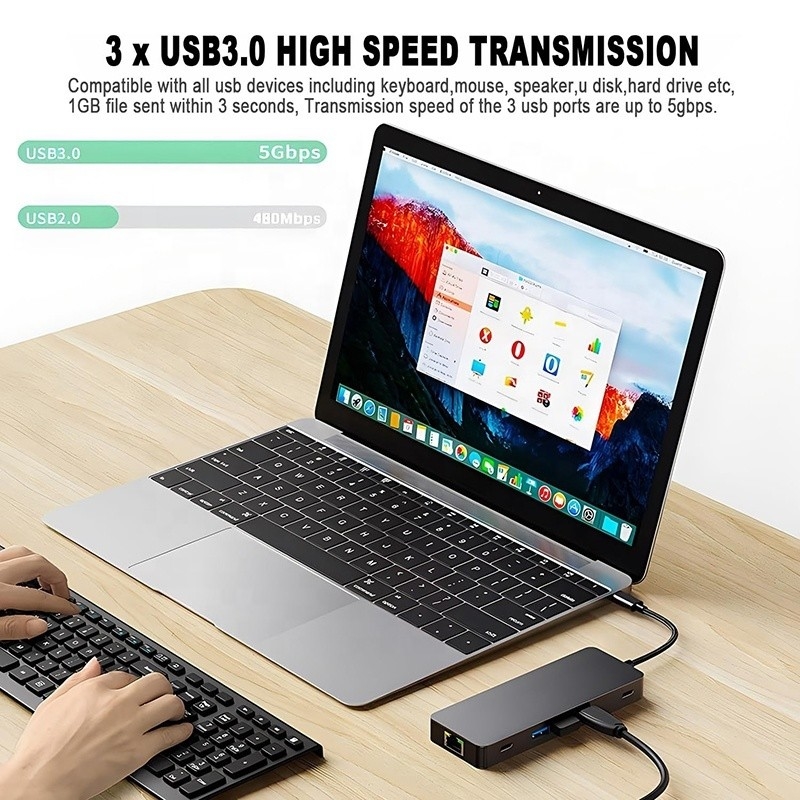 10 In 1 USB C Hub To Dual HDMI 4K 60Hz Adaptör Dock ile USB 3.0 Ethernet RJ45 1000Mbps