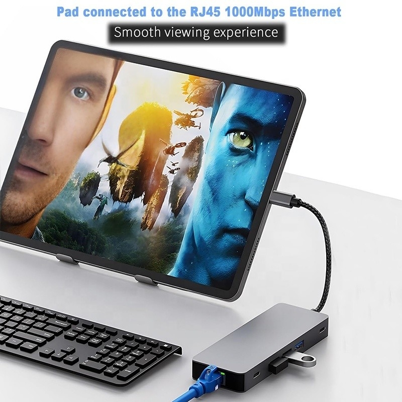 10 In 1 USB C Hub To Dual HDMI 4K 60Hz Adaptör Dock ile USB 3.0 Ethernet RJ45 1000Mbps