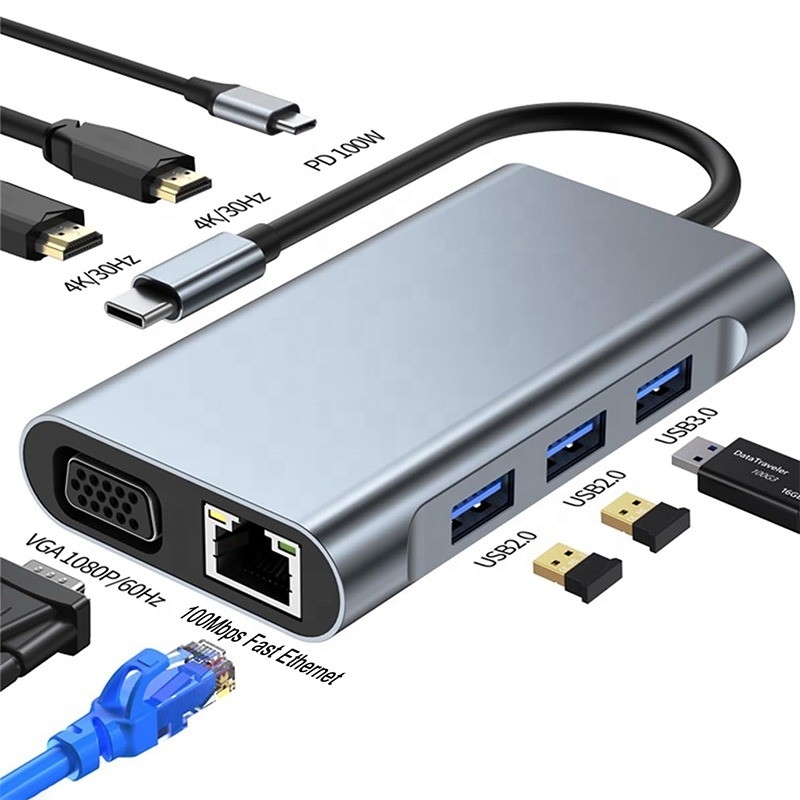 Çok fonksiyonel 8-In-1 USB-C USB C Doklama İstasyonu Çift 4K HDMI ve 2 HDMI Portları ile Gri