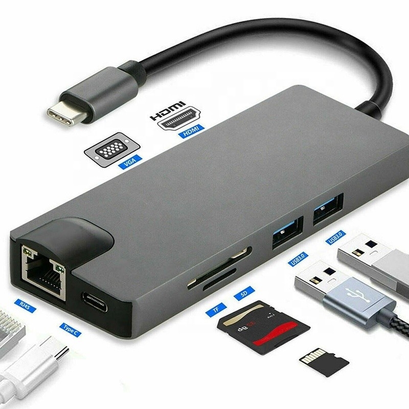 8-In-1 USB C Hub Tip-C Tip C 3.1 4K HDMI HDTV RJ45 Lan Ethernet PD USB3.0 Adaptör Hub