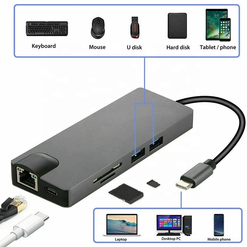 8-In-1 USB C Hub Tip-C Tip C 3.1 4K HDMI HDTV RJ45 Lan Ethernet PD USB3.0 Adaptör Hub