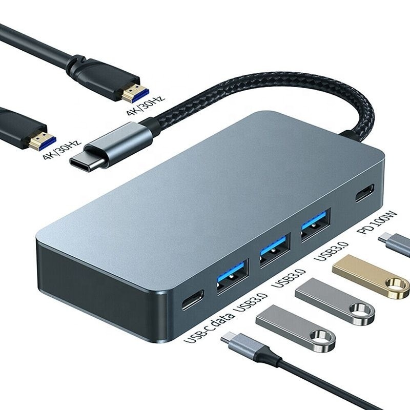 4K 30Hz Çift HDMI USB 3.0 Adaptör Dökleme İstasyonu 7 In 1 Multiport USB C Tip C Hub
