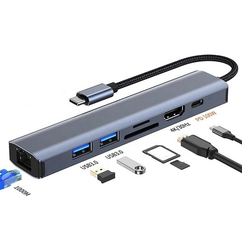 1000M RJ45 Gigabit Ethernet 4K HDMI PD 100W adaptörü ile gri 7 In 1 USB C Tipi C Hub