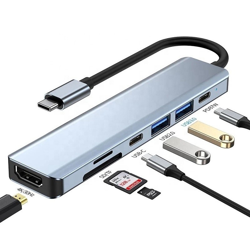 Gri 7 In 1 USB C To HDMI Adaptör Hub Dock 4K HD HDMI PD SD TF SD / TF Kart Okuyucu ile