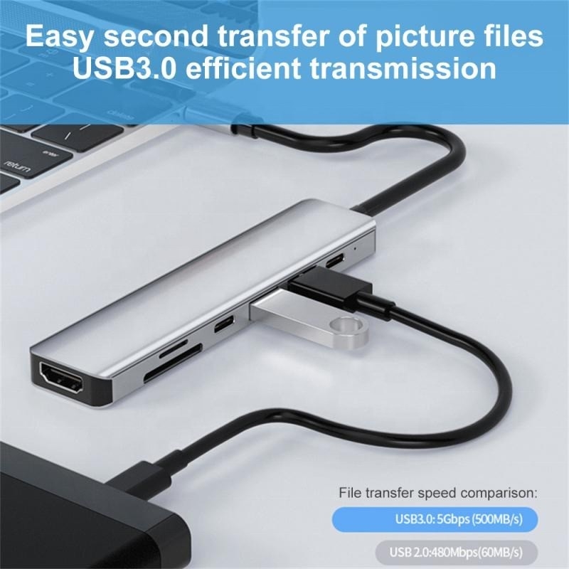 Gri 7 In 1 USB C To HDMI Adaptör Hub Dock 4K HD HDMI PD SD TF SD / TF Kart Okuyucu ile