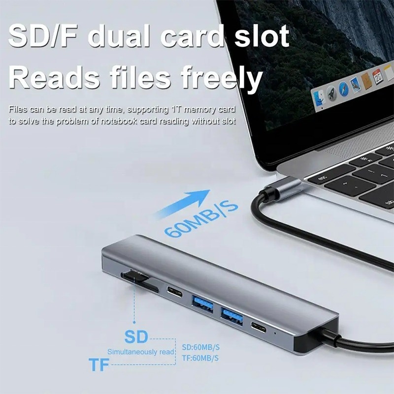 Gri 7 In 1 USB C To HDMI Adaptör Hub Dock 4K HD HDMI PD SD TF SD / TF Kart Okuyucu ile