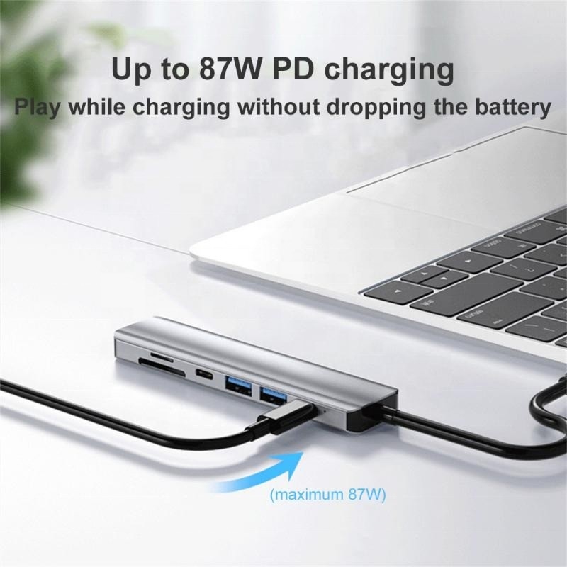 Gri 7 In 1 USB C To HDMI Adaptör Hub Dock 4K HD HDMI PD SD TF SD / TF Kart Okuyucu ile