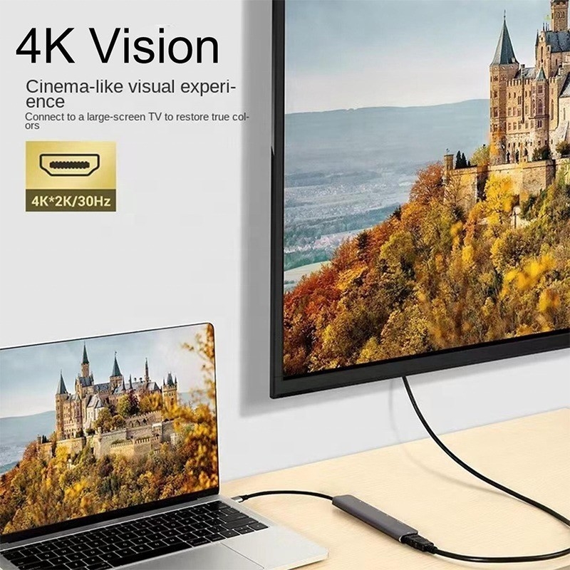 Gri 7 In 1 USB C To HDMI Adaptör Hub Dock 4K HD HDMI PD SD TF SD / TF Kart Okuyucu ile