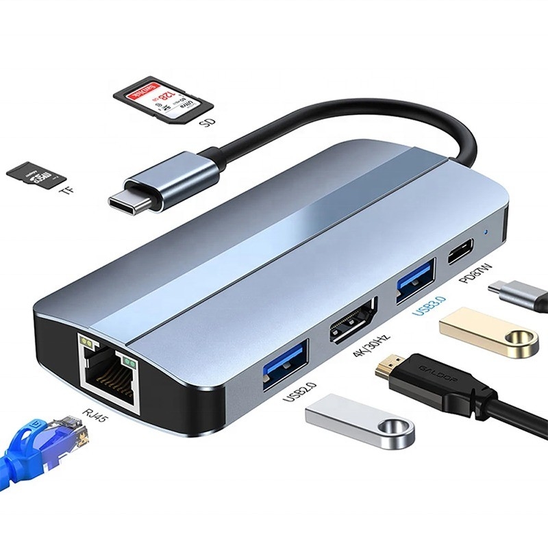 7 In 1 USB C Macbook için USB-C Hub Gri HDMI USB 3.0 USB2.0 RJ45 SD/TF Kart Okuyucu PD Çıktısı