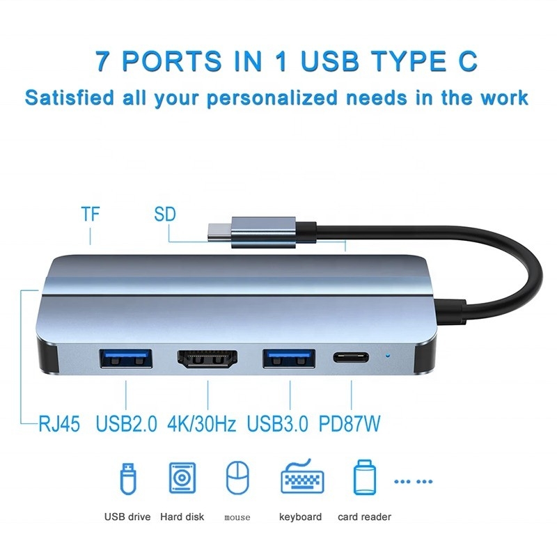 7 In 1 USB C Macbook için USB-C Hub Gri HDMI USB 3.0 USB2.0 RJ45 SD/TF Kart Okuyucu PD Çıktısı