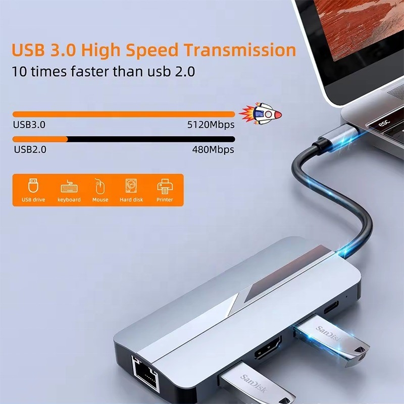 7 In 1 USB C Macbook için USB-C Hub Gri HDMI USB 3.0 USB2.0 RJ45 SD/TF Kart Okuyucu PD Çıktısı
