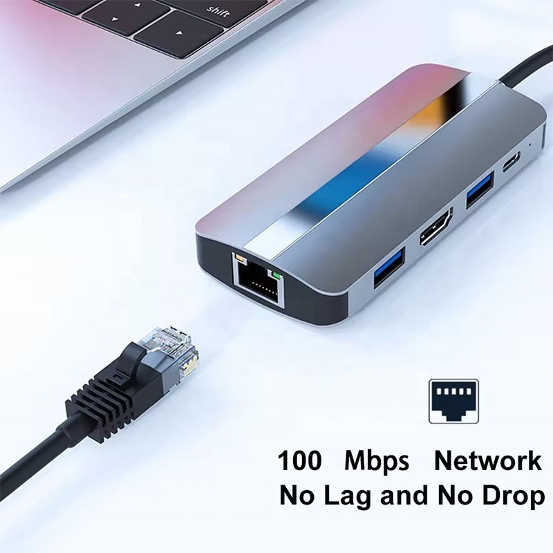 7 In 1 USB C Macbook için USB-C Hub Gri HDMI USB 3.0 USB2.0 RJ45 SD/TF Kart Okuyucu PD Çıktısı