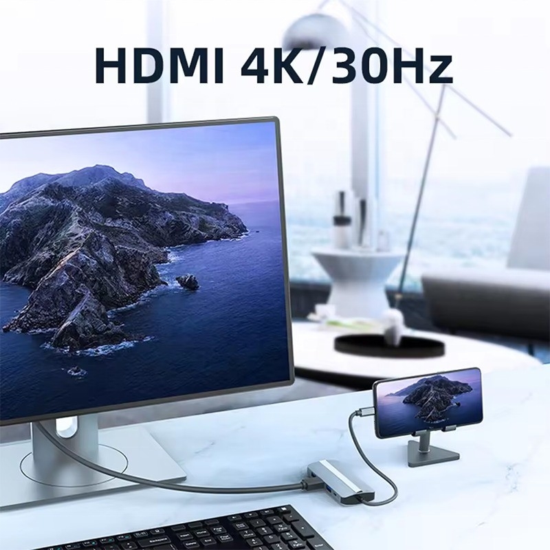 7 In 1 USB C Macbook için USB-C Hub Gri HDMI USB 3.0 USB2.0 RJ45 SD/TF Kart Okuyucu PD Çıktısı