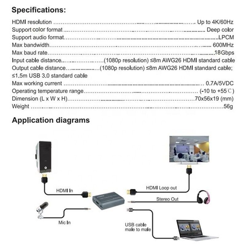 Profesyonel 4K 60Hz HDMI USB3.0 Video Yakalama Kartı Ses Çıktısı ve USB 3.0