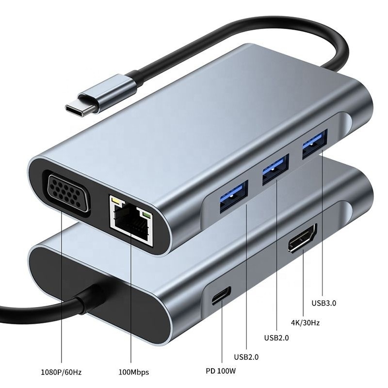 HDTV HDMI VGA USB RJ45 ve Hızlı Veri Aktarımı ile 7'de 1 USB C Tipi C Doklama İstasyonu