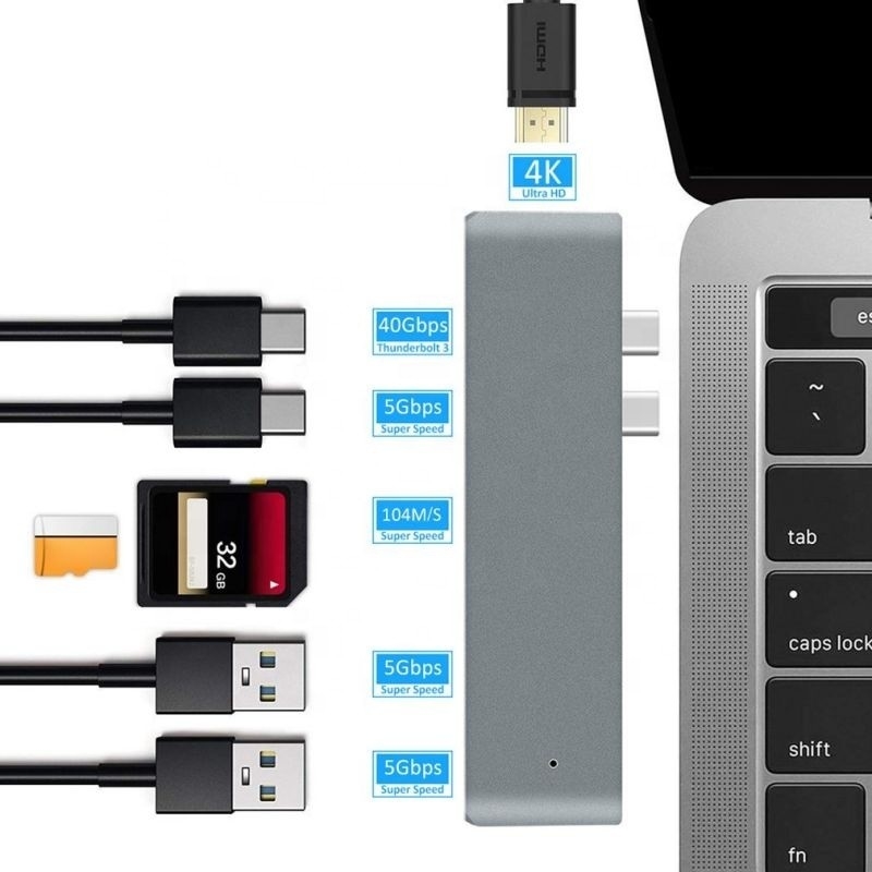 Çift C Tipi Erkek Girdi ve USB 3.1 Arayüz Tipi ile 7-In-2 Hub Doklama İstasyonu