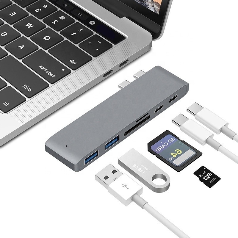 SD/TF 2*USB3.0 2*USB-C çıkışı olan Multiport Docking Station 6-In-1 Type-C Hub Adaptörü