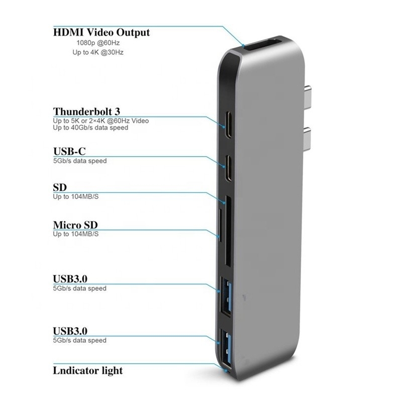 SD/TF 2*USB3.0 2*USB-C çıkışı olan Multiport Docking Station 6-In-1 Type-C Hub Adaptörü