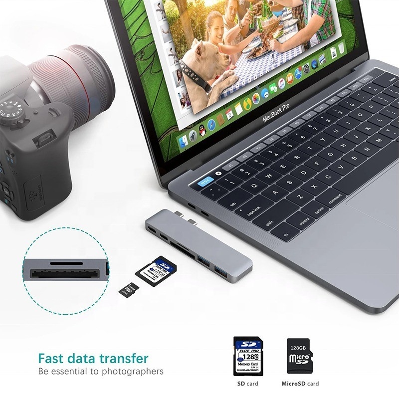 SD/TF 2*USB3.0 2*USB-C çıkışı olan Multiport Docking Station 6-In-1 Type-C Hub Adaptörü
