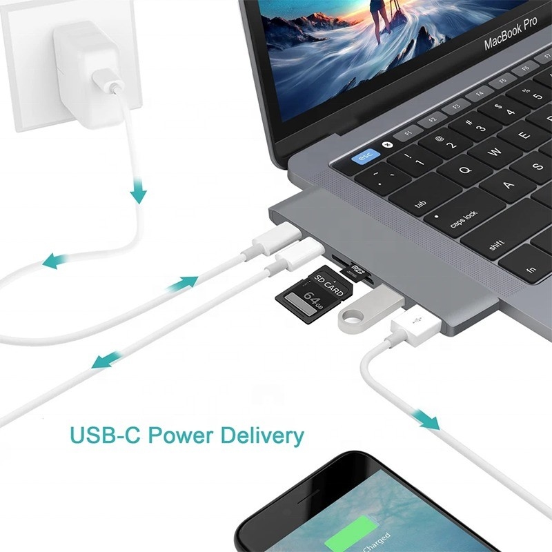 SD/TF 2*USB3.0 2*USB-C çıkışı olan Multiport Docking Station 6-In-1 Type-C Hub Adaptörü