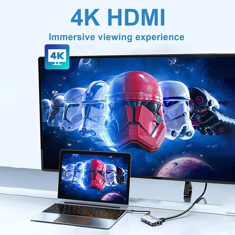 12'de 1 USB C Adaptörü OEM Multiport Hub 4K HDMI USB 3.0 RJ45 Lan Ethernet ile
