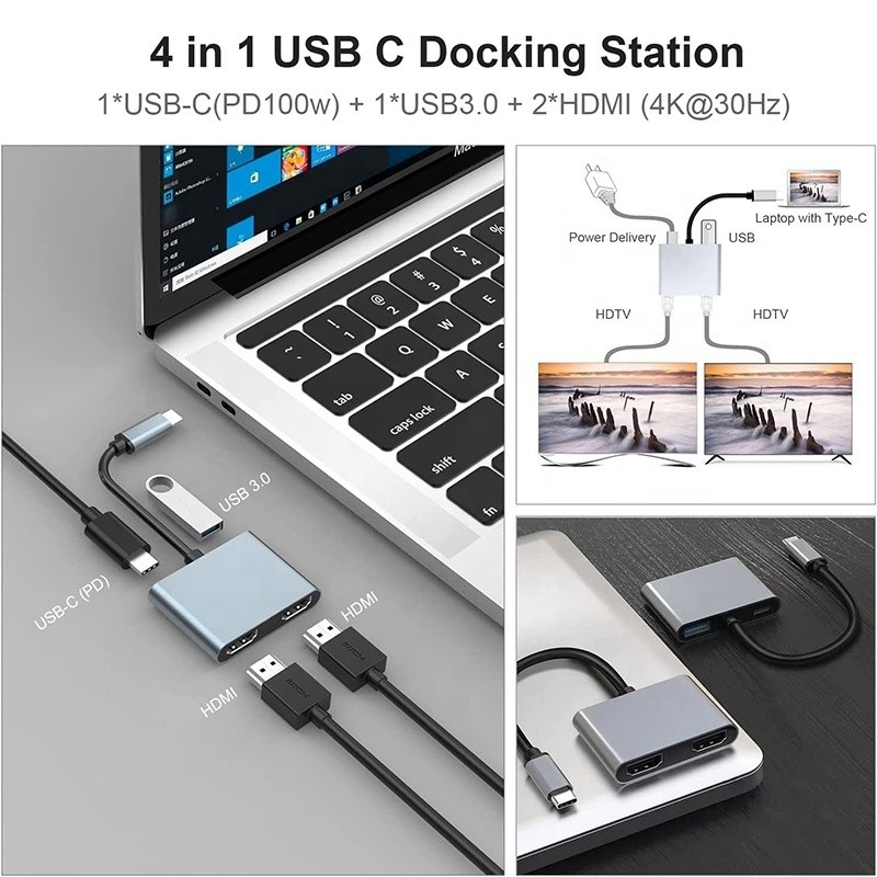 Şarj veri aktarımı ve video çıkışı için 4'te 1 USB C'den Çift 4K HDMI MST adaptörü