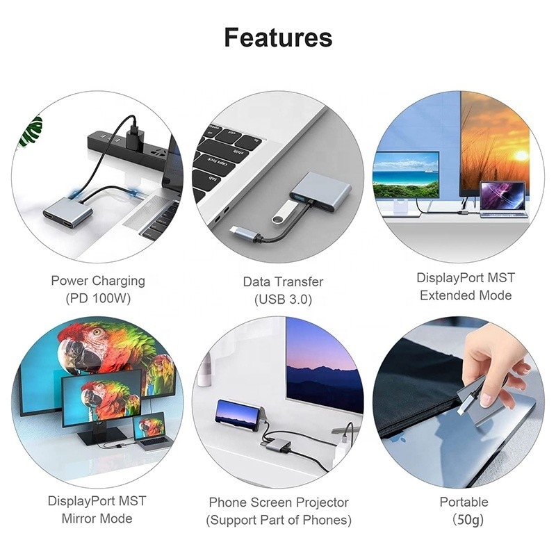 Şarj veri aktarımı ve video çıkışı için 4'te 1 USB C'den Çift 4K HDMI MST adaptörü