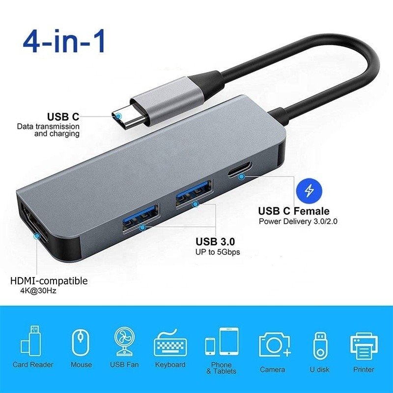 4K HDMI Uyumlu Tip-C USB C Hub Adaptörü 2 USB3.0 ve PD Şarj Portu ile