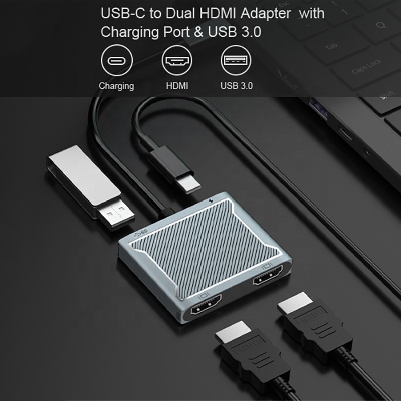 USB C Tip C Arayüz Bağlantısı Çift HDMI Adaptörü 4K 4 In 1 USB 3.0 Hub Laptop için