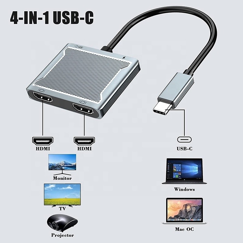 USB C Tip C Arayüz Bağlantısı Çift HDMI Adaptörü 4K 4 In 1 USB 3.0 Hub Laptop için