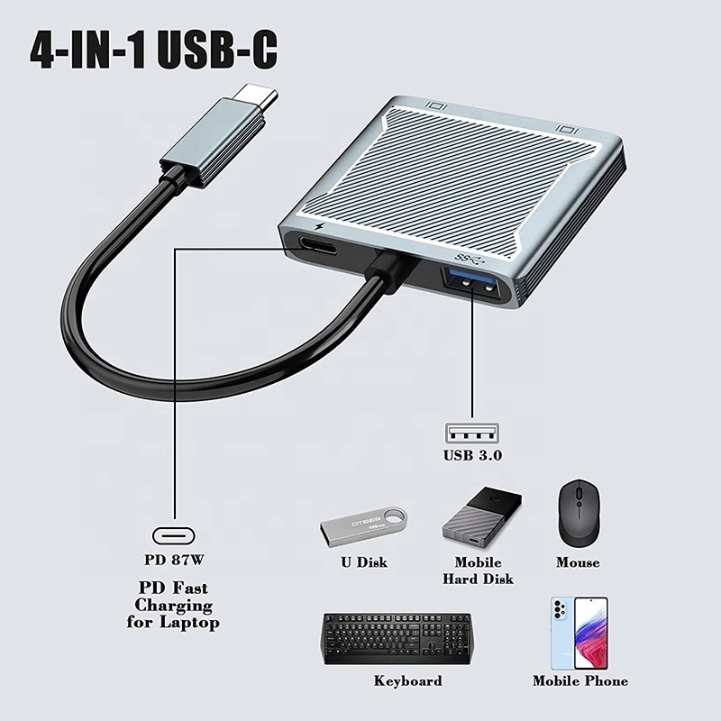 USB C Tip C Arayüz Bağlantısı Çift HDMI Adaptörü 4K 4 In 1 USB 3.0 Hub Laptop için
