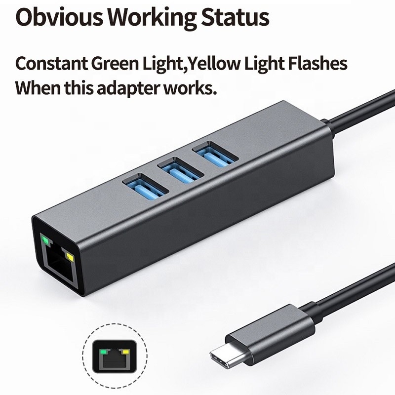 USB 3.1 Tip C 9 Port USB3.0 Hub ile Gigabit Ethernet RJ45 Lan Port Adaptörü Gri