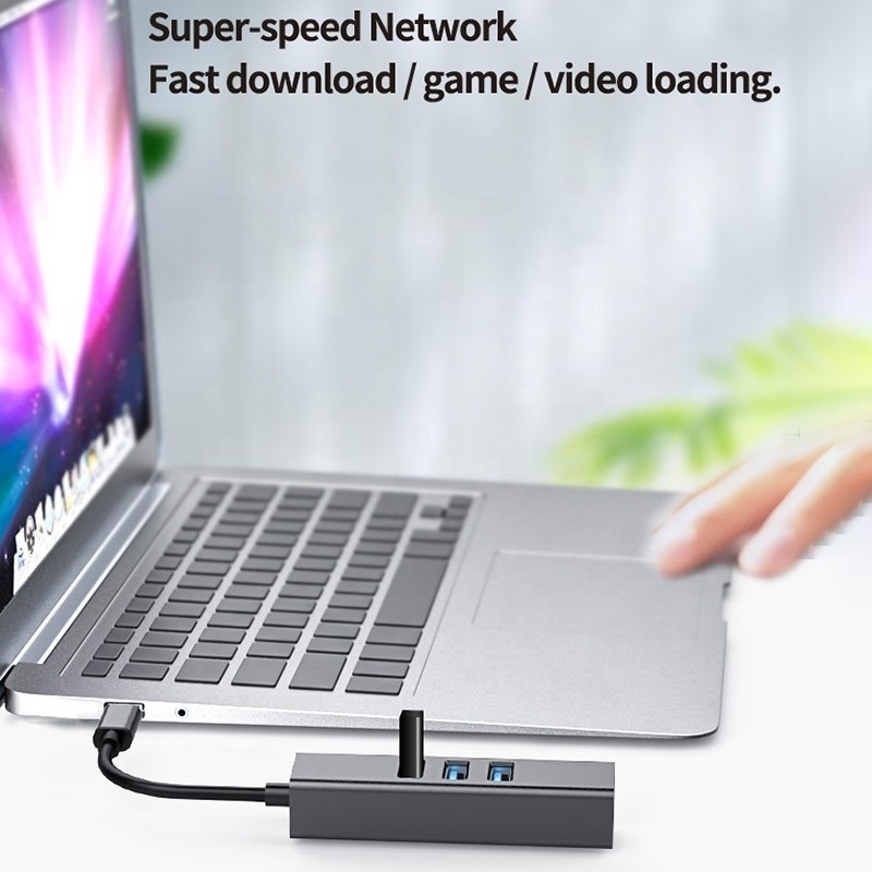 USB 3.1 Tip C 9 Port USB3.0 Hub ile Gigabit Ethernet RJ45 Lan Port Adaptörü Gri