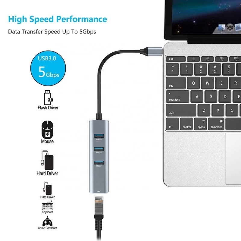 USB 3.1 Arayüz Tipi C 9 Port USB A 3.0 Adaptörü RJ45 Gigabit Ethernet Ağ Kartı ile Gri