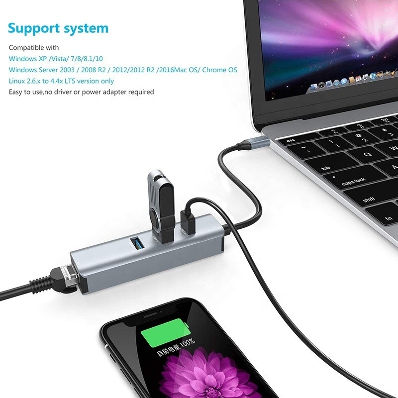 USB 3.1 Arayüz Tipi C 9 Port USB A 3.0 Adaptörü RJ45 Gigabit Ethernet Ağ Kartı ile Gri