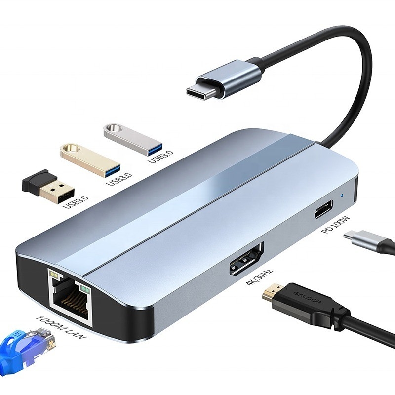 12'de 1 USB C Adaptörü OEM Multiport Hub 4K HDMI USB 3.0 RJ45 Lan Ethernet ile
