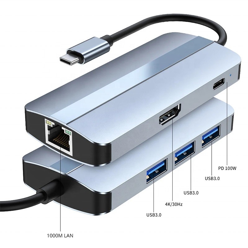 12'de 1 USB C Adaptörü OEM Multiport Hub 4K HDMI USB 3.0 RJ45 Lan Ethernet ile