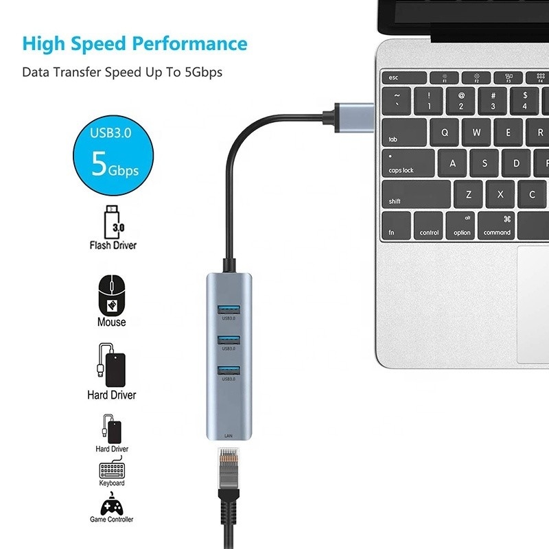 Erkek-Kadın uyumluluğu için USB 3.0'dan 6 Port USB Hub ve 1000Mbps Ethernet Adaptörü