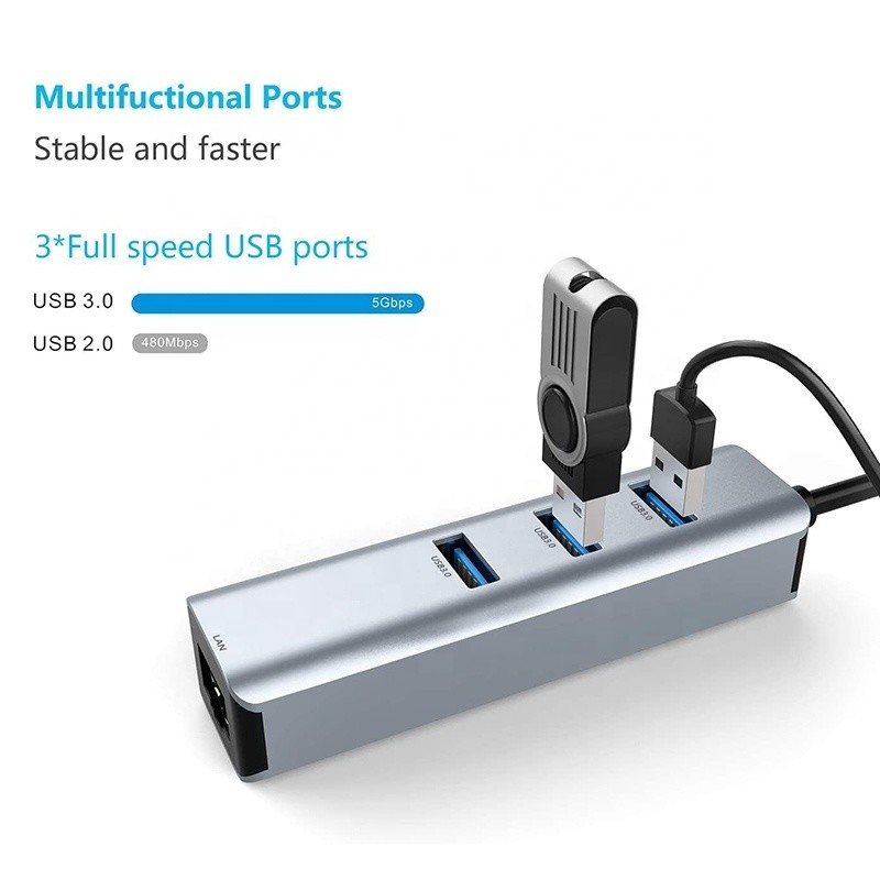 Erkek-Kadın uyumluluğu için USB 3.0'dan 6 Port USB Hub ve 1000Mbps Ethernet Adaptörü