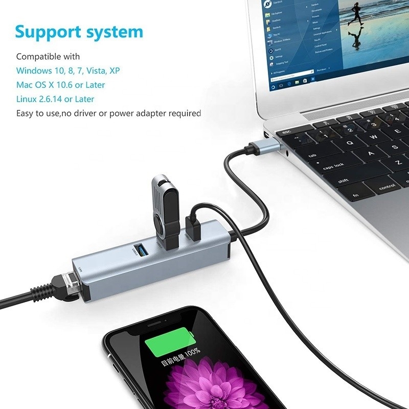 Erkek-Kadın uyumluluğu için USB 3.0'dan 6 Port USB Hub ve 1000Mbps Ethernet Adaptörü