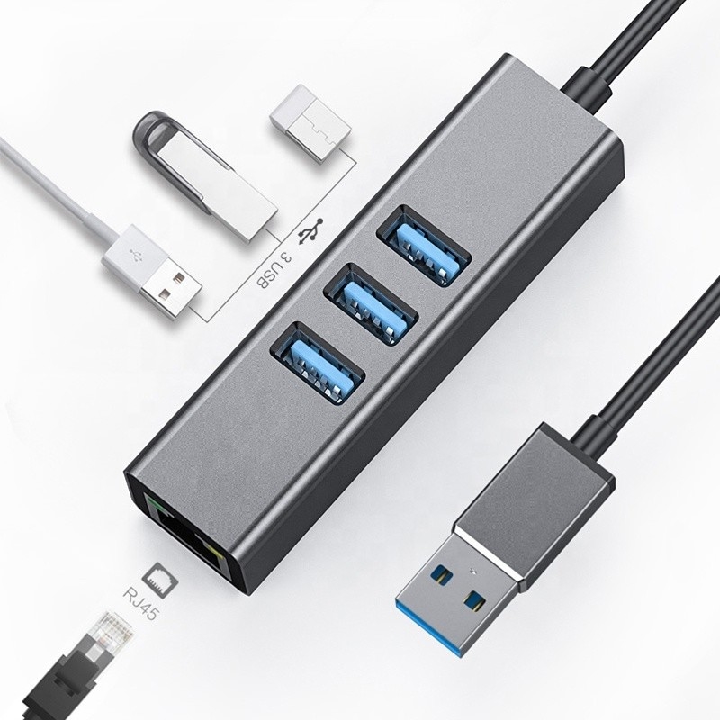 Gri USB3.0 Hub ve RJ45 Lan Adaptörü 3 USB Port Gigabit Ethernet Ağ Kartı ile