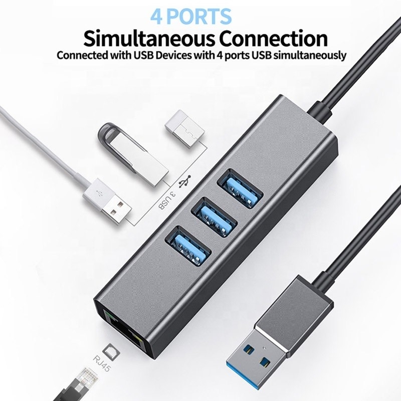 Gri USB3.0 Hub ve RJ45 Lan Adaptörü 3 USB Port Gigabit Ethernet Ağ Kartı ile