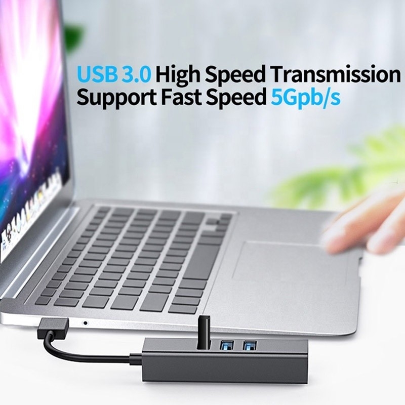 Gri USB3.0 Hub ve RJ45 Lan Adaptörü 3 USB Port Gigabit Ethernet Ağ Kartı ile