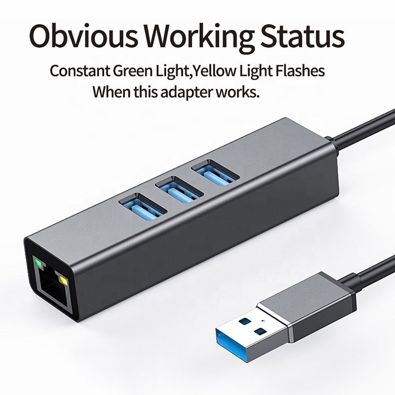 Gri USB3.0 Hub ve RJ45 Lan Adaptörü 3 USB Port Gigabit Ethernet Ağ Kartı ile
