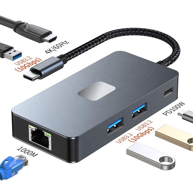 8-In-1 Multiport Adaptörü USB-C Hub HDMI ile 3 USB3.0 RJ45 ve PD Çıktısı 5-8 Port