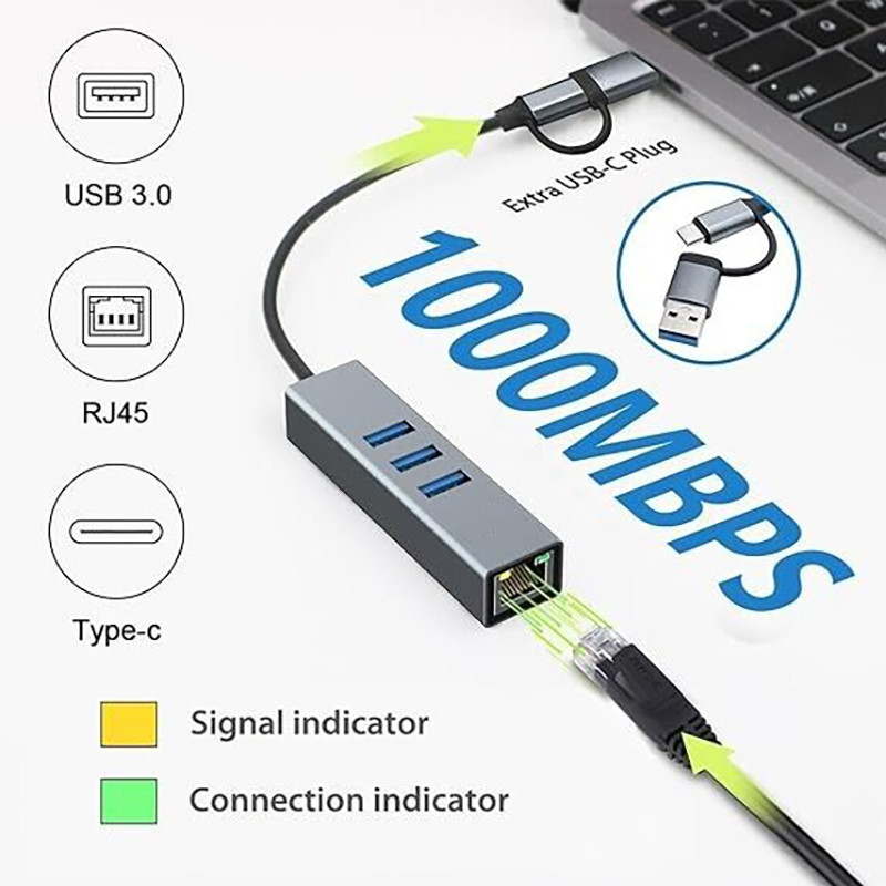 USB Tipi-C Ethernet Adaptörü 14 USB Port 1000 Mbit/s Gigabit RJ45 LAN Hub