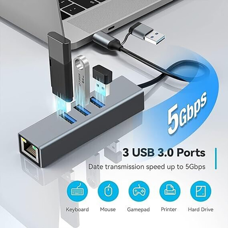 USB Tipi-C Ethernet Adaptörü 14 USB Port 1000 Mbit/s Gigabit RJ45 LAN Hub