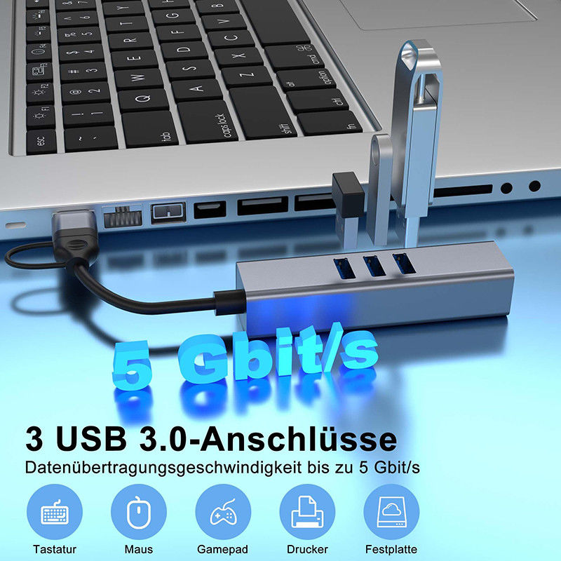 USB Tip C LAN Adaptörü 6'da 2 USB C Hub 3 USB 3.0 Port ve RJ45 Gigabit LAN Arayüzü ile
