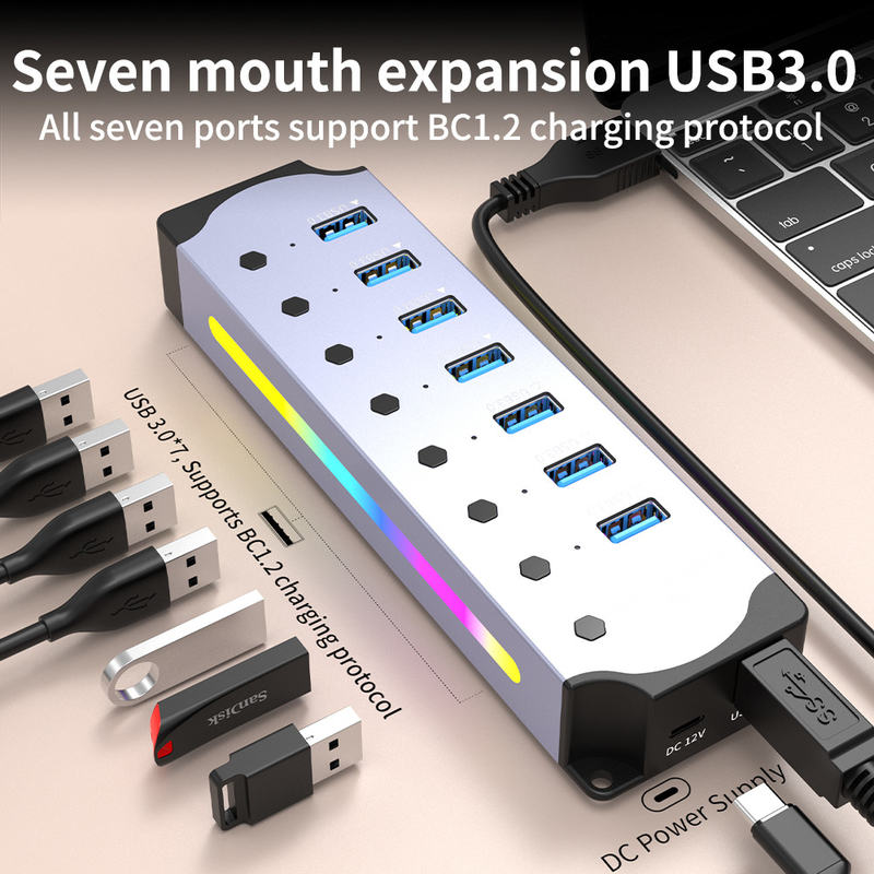 Özelleştirilmiş Logo Kabul Hızlı USB 3.0 Hub 7 Port ve Alüminyum Alaşım Tasarımı ile